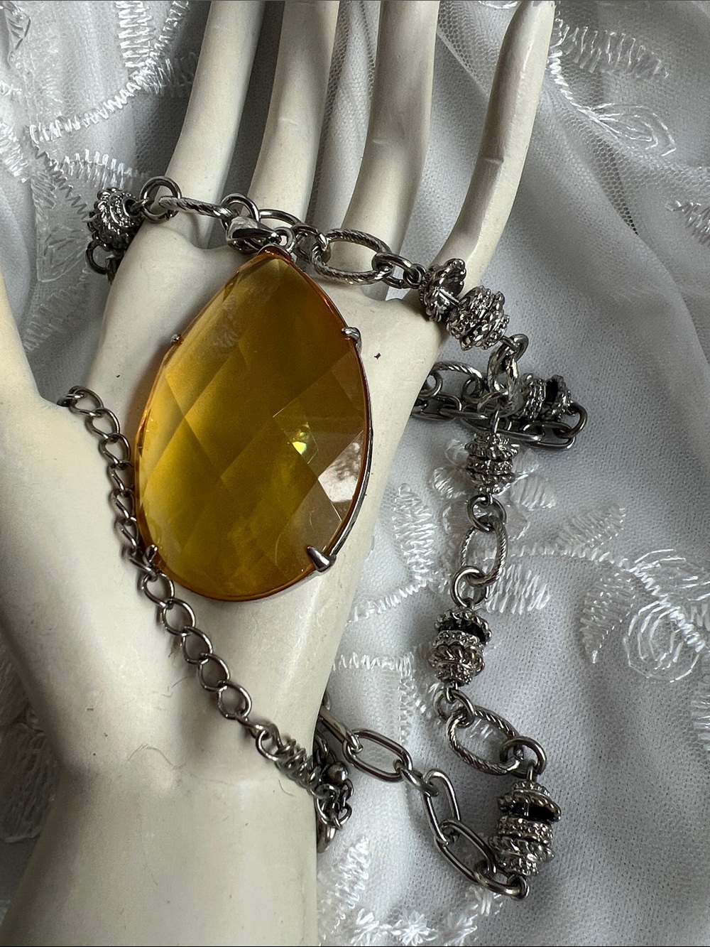 Large Faceted Amber Teardrop Pendant Necklace